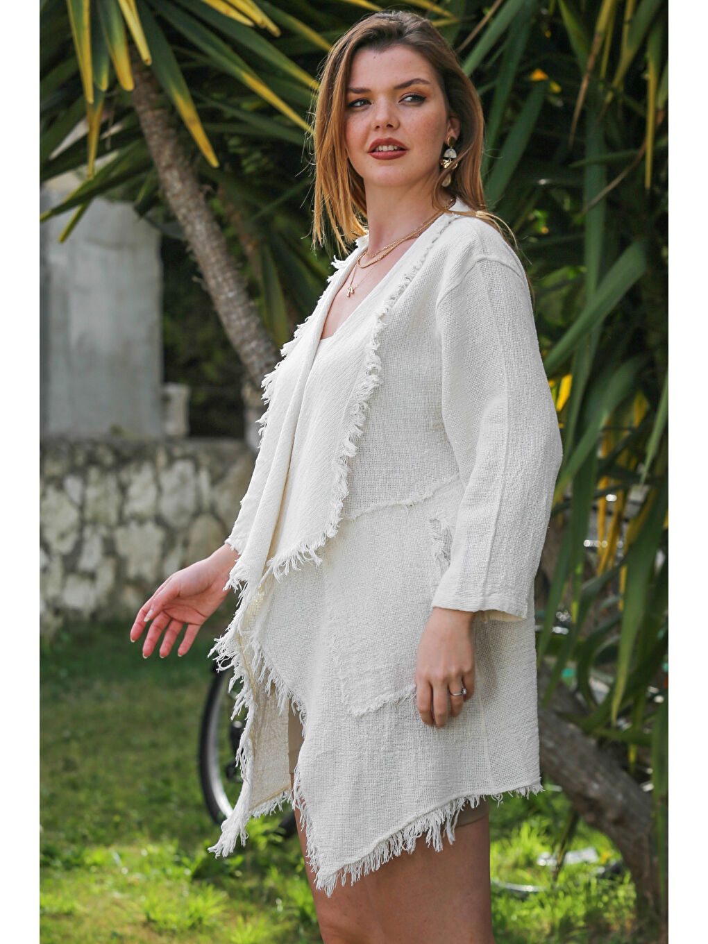 Organik Pamuk Ekru Şal Yaka Uzun Kol Pis Dikişli Dokuma Casual Ceket-1