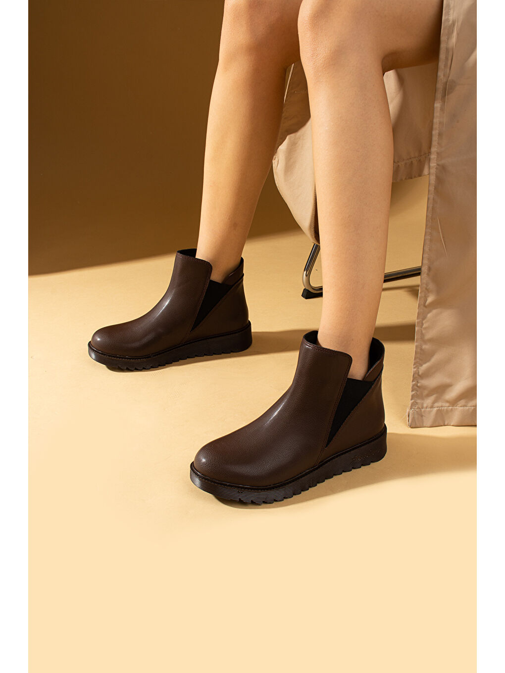 Kahverengi Lastikli Kaymaz Taban Sıcak Astar Kadın Bot & Bootie 59-1005-23Cilt