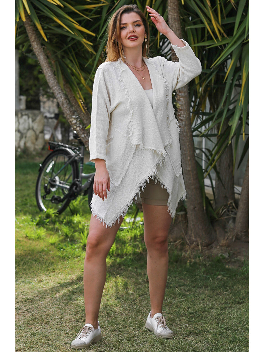 Organik Pamuk Ekru Şal Yaka Uzun Kol Pis Dikişli Dokuma Casual Ceket-3