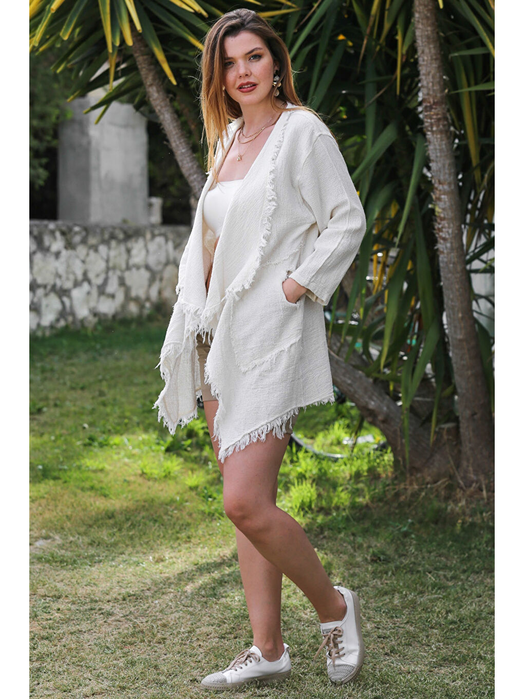 Organik Pamuk Ekru Şal Yaka Uzun Kol Pis Dikişli Dokuma Casual Ceket-4