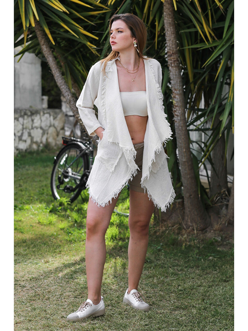 Organik Pamuk Ekru Şal Yaka Uzun Kol Pis Dikişli Dokuma Casual Ceket-5