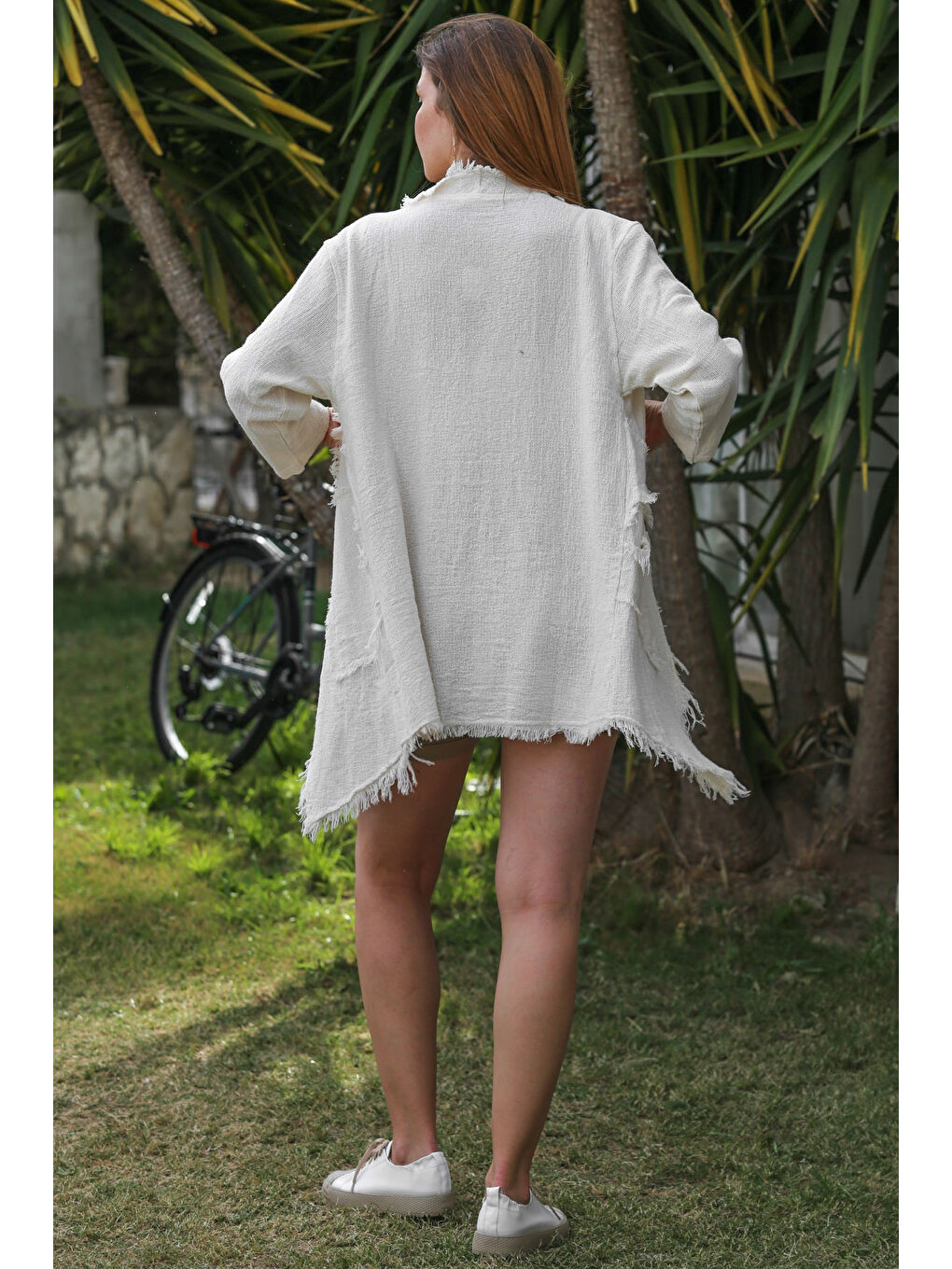 Organik Pamuk Ekru Şal Yaka Uzun Kol Pis Dikişli Dokuma Casual Ceket-6