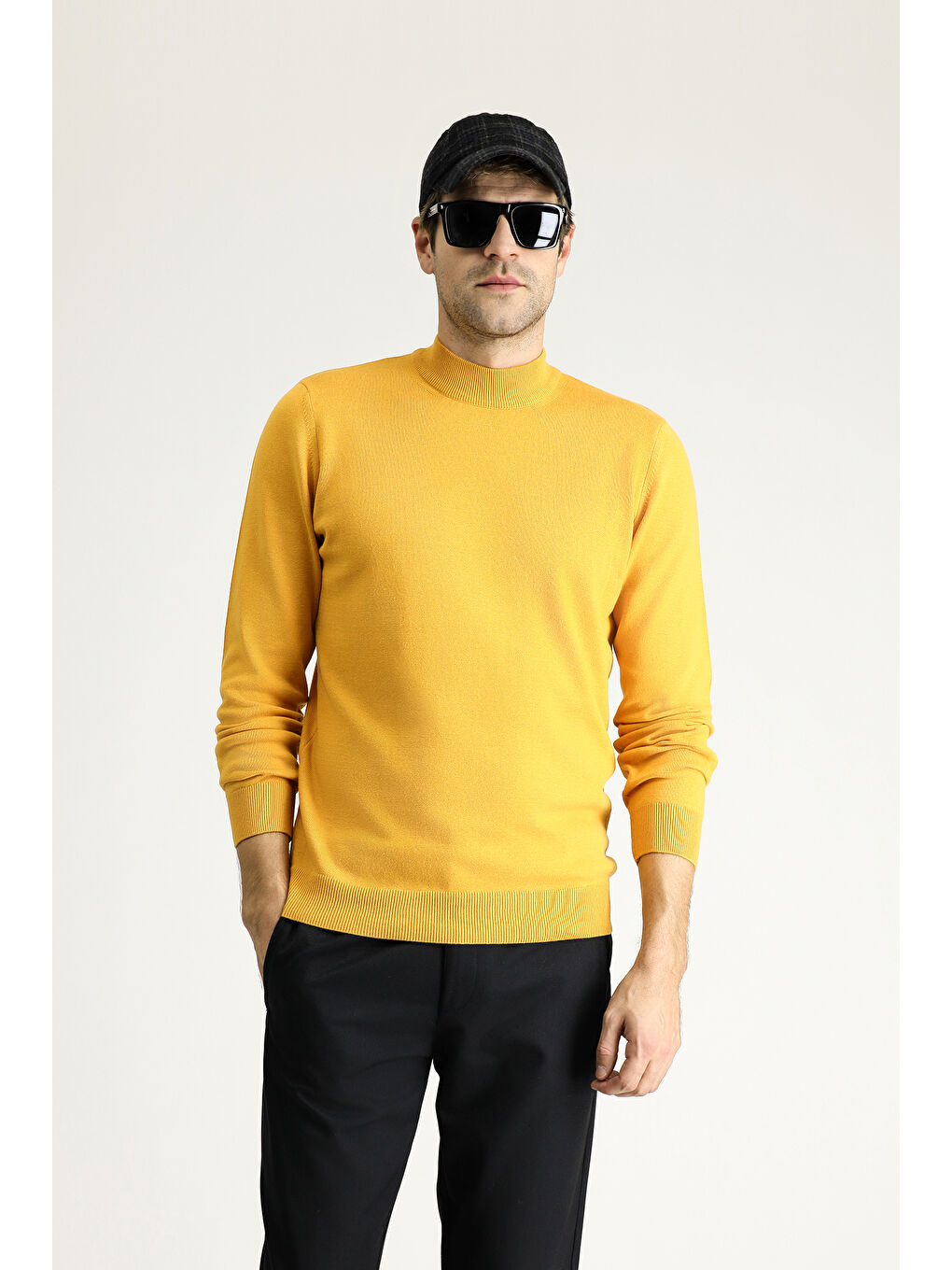 Sarı Bato Yaka Regular Fit Pamuklu Triko Büyük Beden Kazak