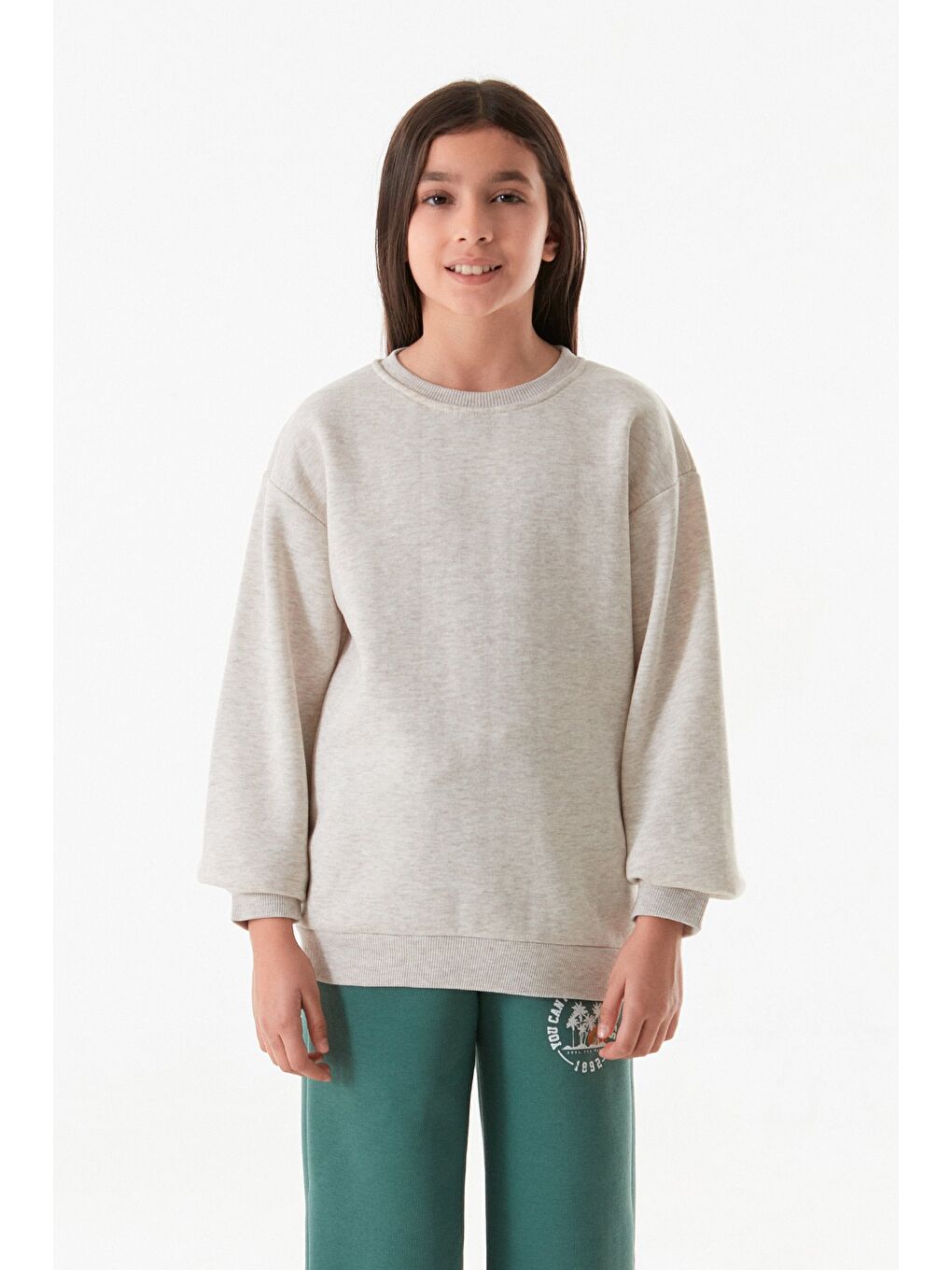 Bej Yazı Baskılı Bisiklet Yaka Kız Çocuk Sweatshirt