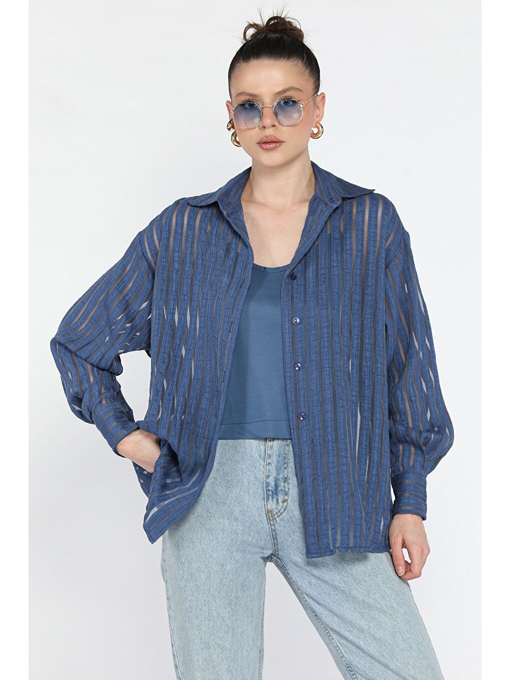 Lacivert Kadın Çizgili Tül Detaylı Gömlek