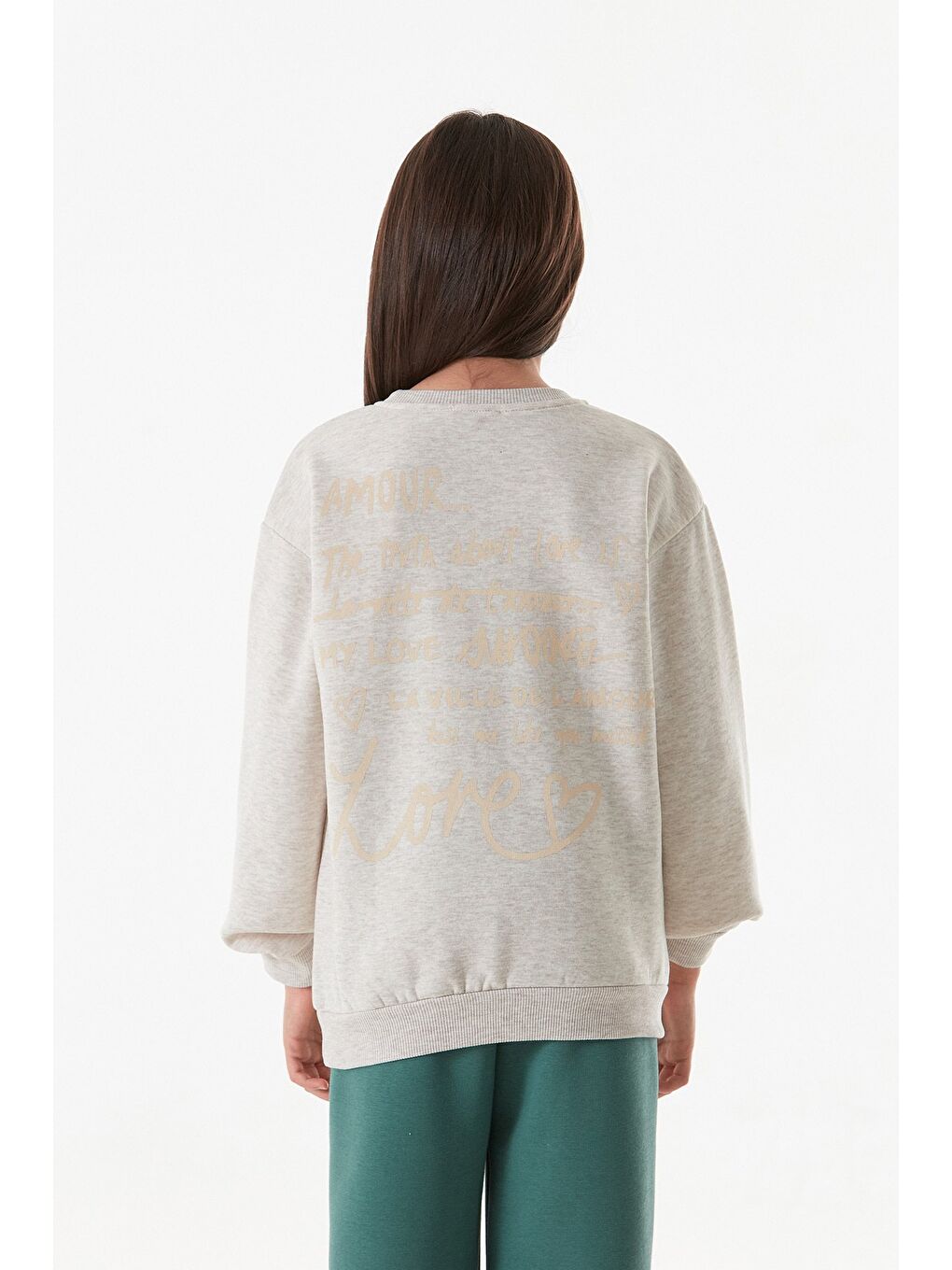 Bej Yazı Baskılı Bisiklet Yaka Kız Çocuk Sweatshirt-4