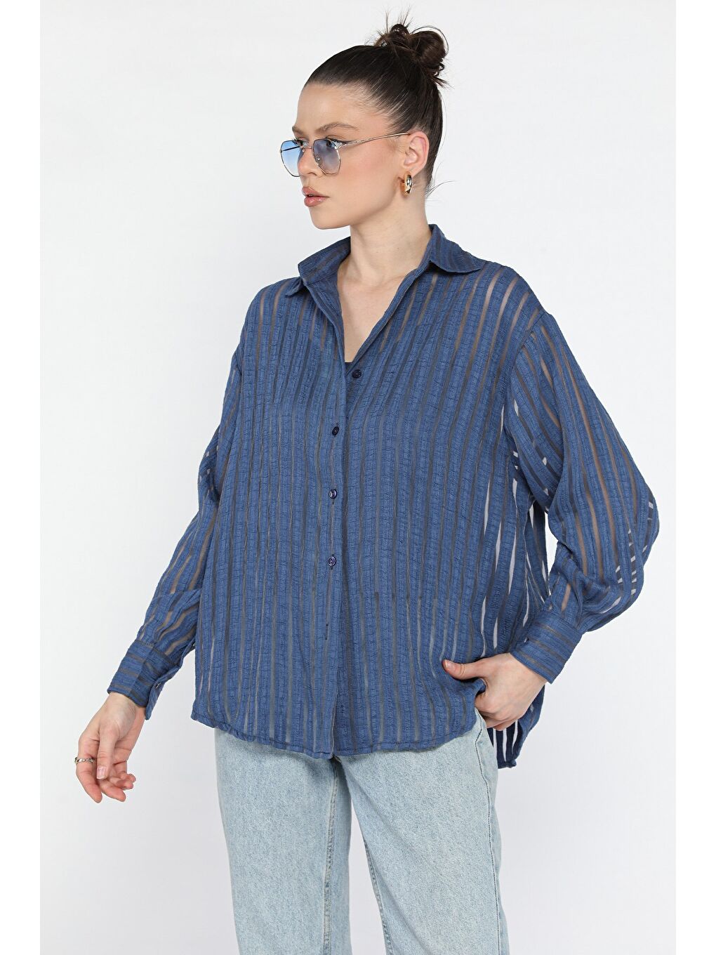 Lacivert Kadın Çizgili Tül Detaylı Gömlek-1