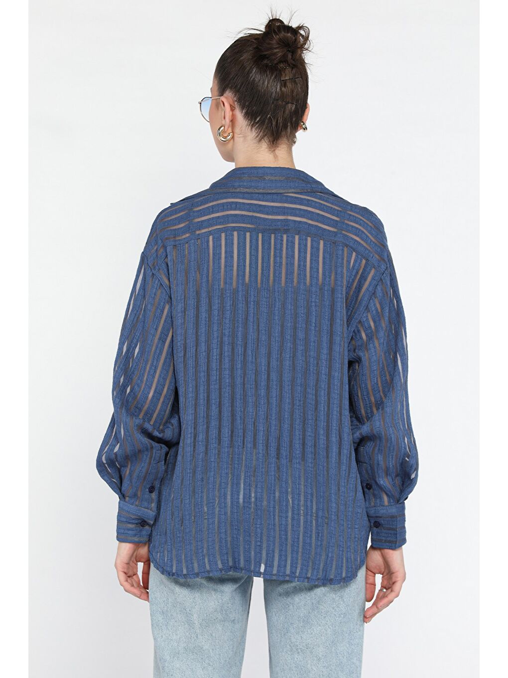 Lacivert Kadın Çizgili Tül Detaylı Gömlek-2