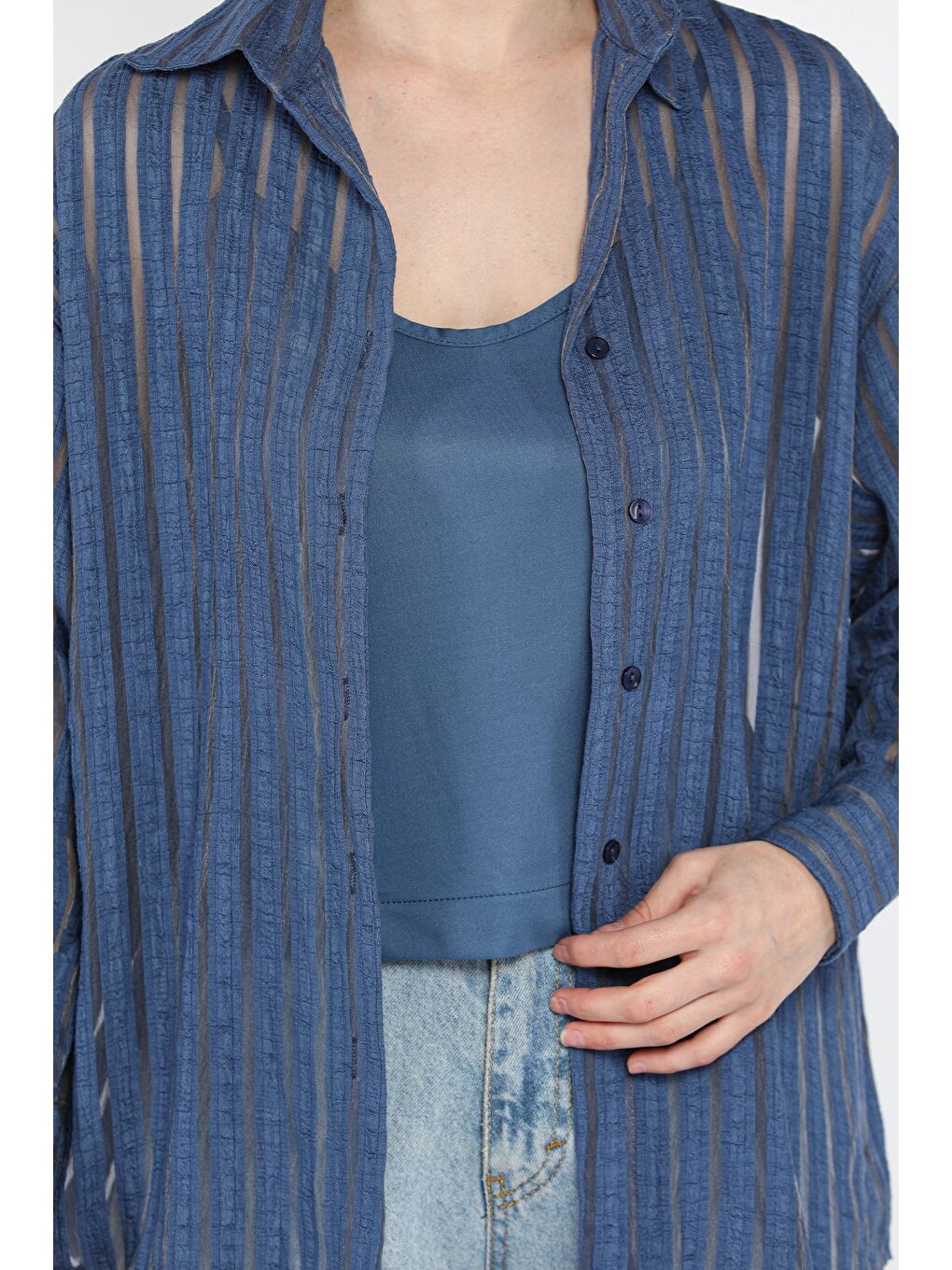 Lacivert Kadın Çizgili Tül Detaylı Gömlek-3