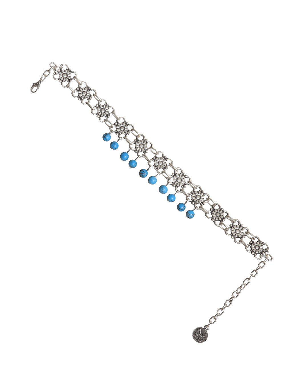 Gri KADIN ANTİK GÜMÜŞ KAPLAMA TURKUAZ BONCUKLU HALHAL