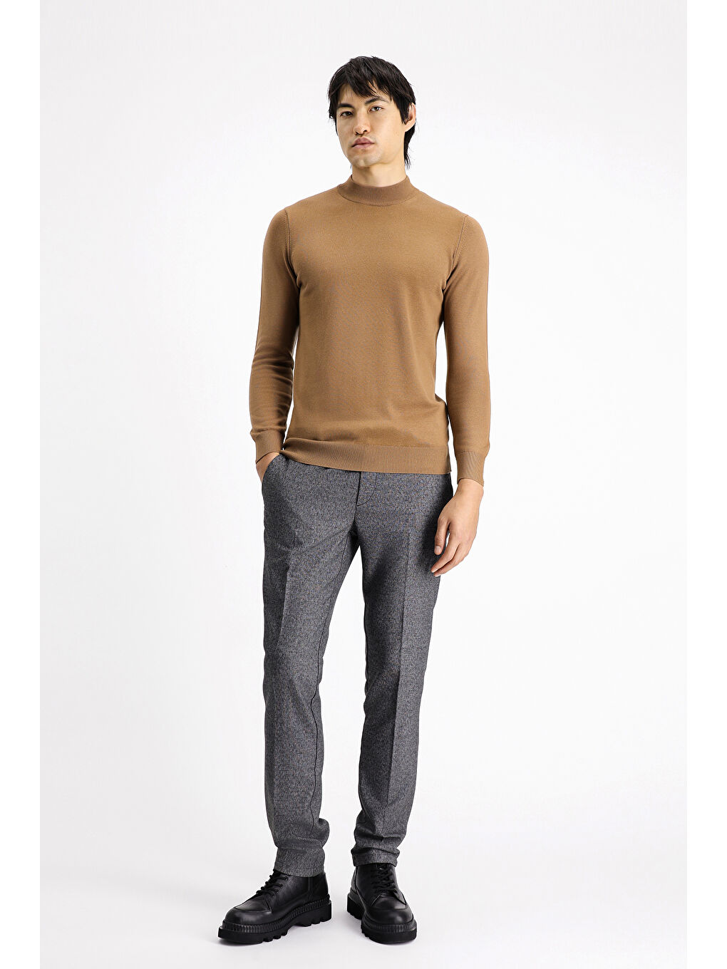 Kahverengi Bato Yaka Regular Fit Pamuklu Triko Büyük Beden Kazak-1