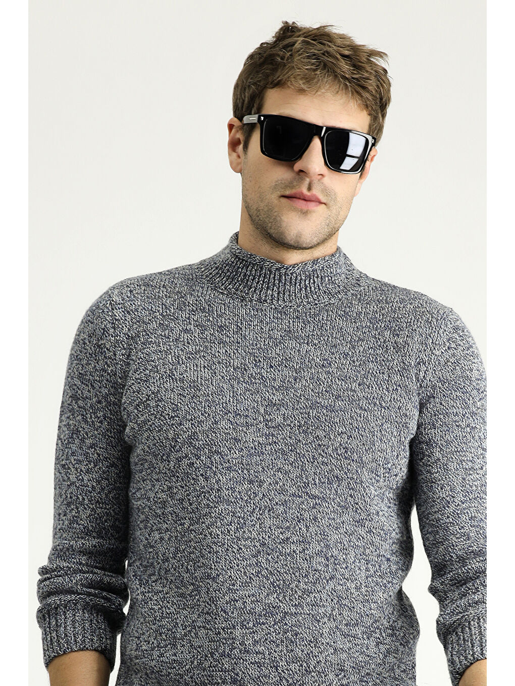 Lacivert Bato Yaka Slim Fit Dar Kesim Desenli Alpaka Yünlü Triko Kazak-1