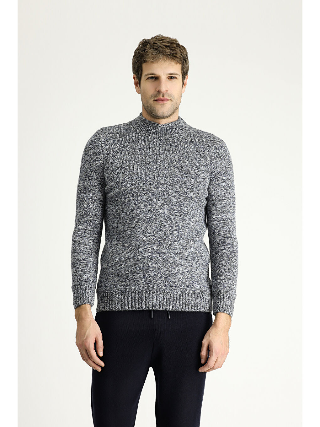 Lacivert Bato Yaka Slim Fit Dar Kesim Desenli Alpaka Yünlü Triko Kazak-2