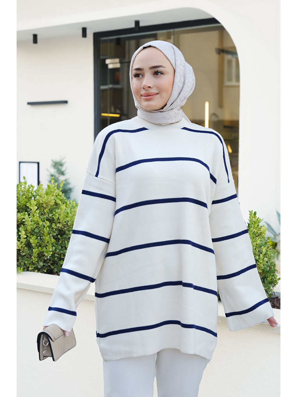 Locco Moda Çizgili Triko Tunik Mavi - 1