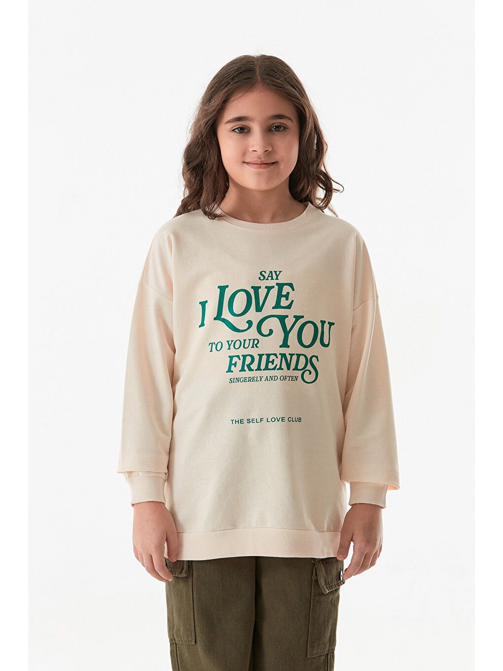 Bej 3 İplik Sırtı Baskılı Bisiklet Yaka Kız Çocuk Sweatshirt