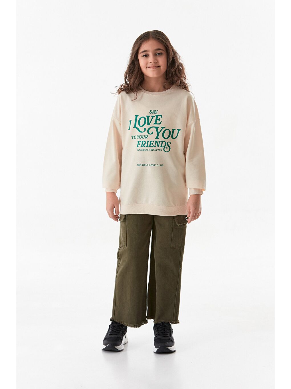 Bej 3 İplik Sırtı Baskılı Bisiklet Yaka Kız Çocuk Sweatshirt-1