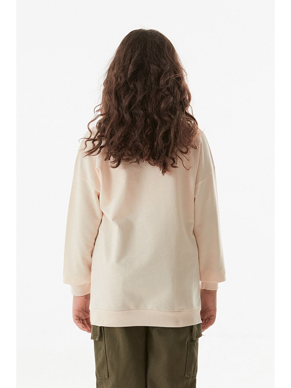 Bej 3 İplik Sırtı Baskılı Bisiklet Yaka Kız Çocuk Sweatshirt-2