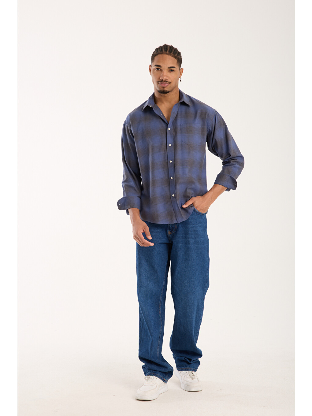 Rio Flanel Pamuklu Oversize Fit Lacivert Klasik Yaka Erkek Ekoseli Gömlek