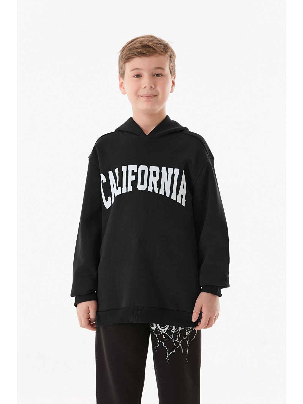 Siyah 3 İplik California Baskılı Kapüşonlu Erkek Çocuk Sweatshirt