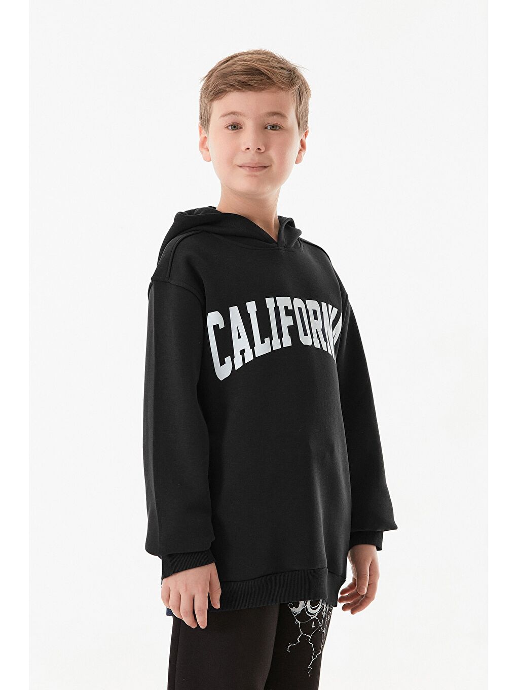 Siyah 3 İplik California Baskılı Kapüşonlu Erkek Çocuk Sweatshirt-2