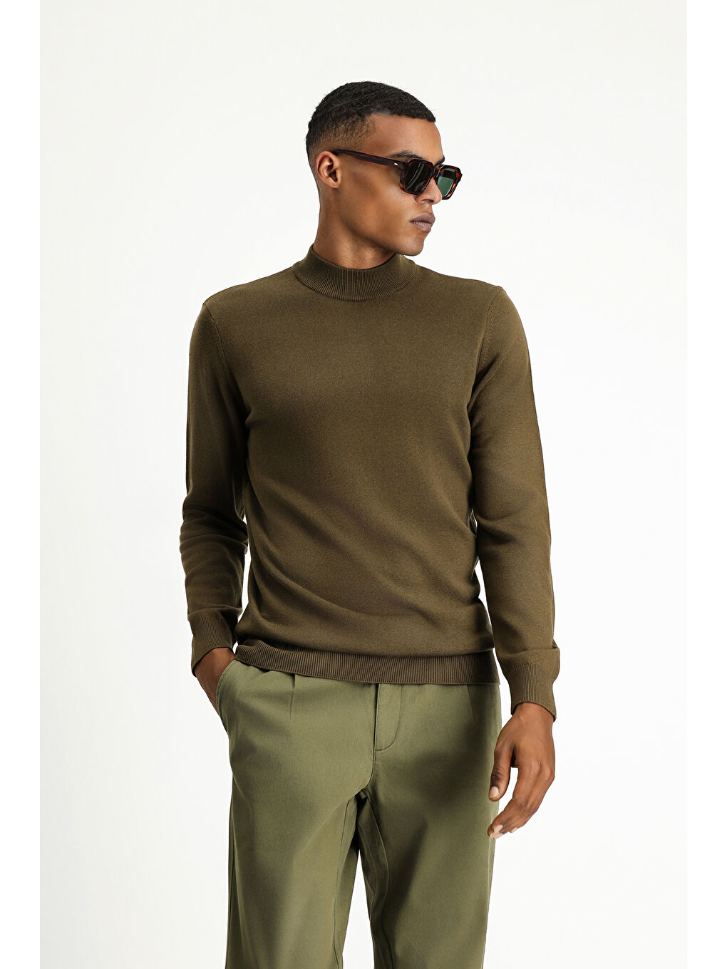 Kahverengi Bato Yaka Regular Fit Pamuklu Triko Büyük Beden Kazak