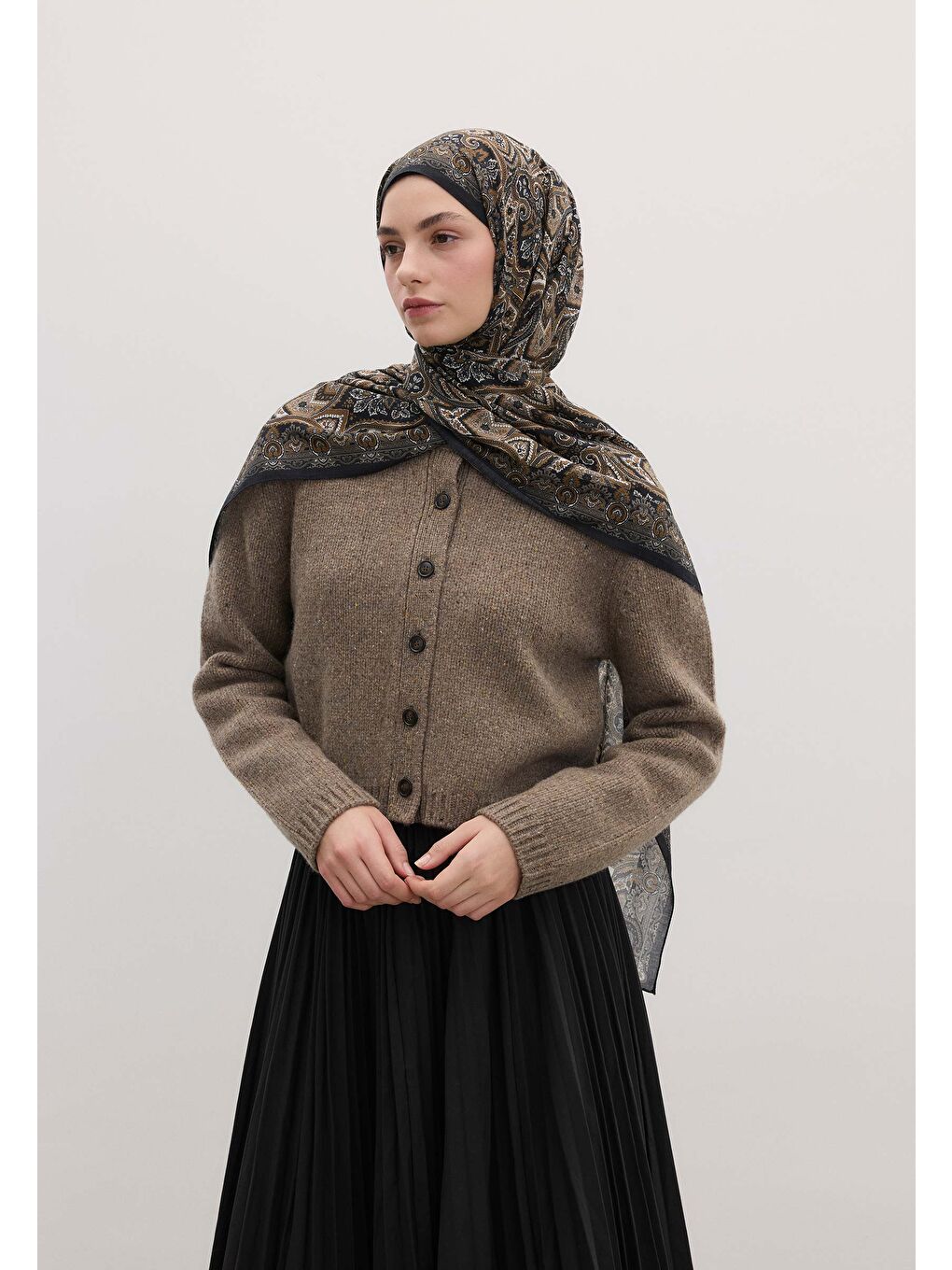 Bej Vıntage Echo Desen Şal Nude-3