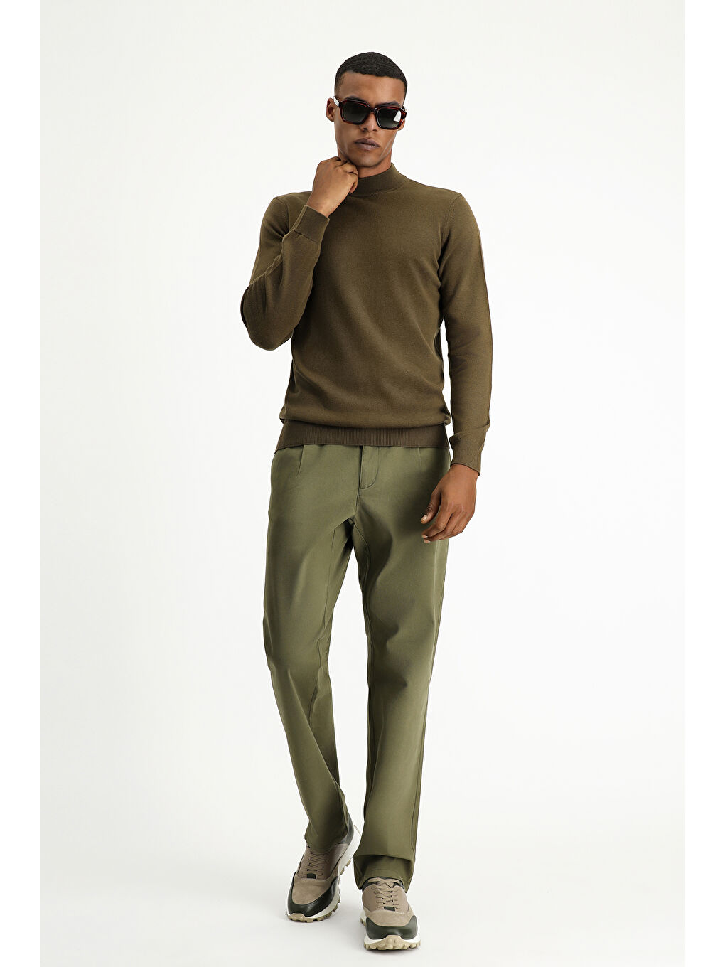 Kahverengi Bato Yaka Regular Fit Pamuklu Triko Büyük Beden Kazak-1