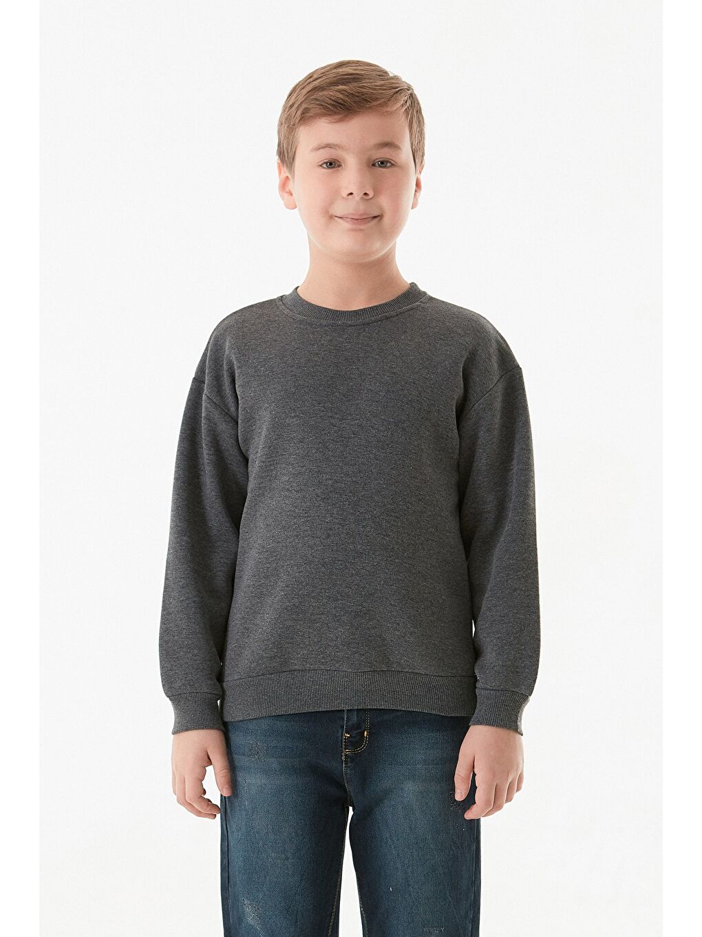 Antrasit 3 İplik Arkası Yazı Baskılı Bisiklet Yaka Erkek Çocuk Sweatshirt