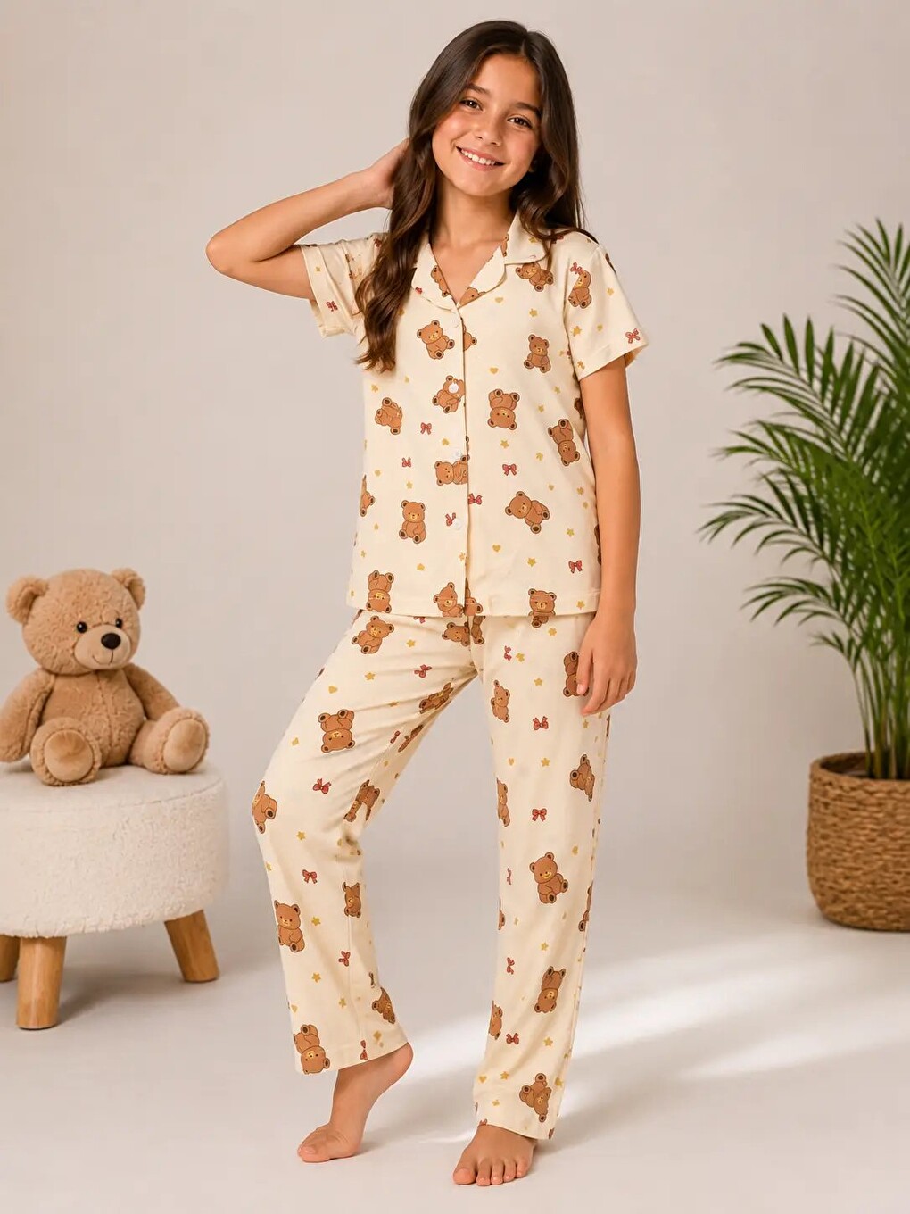 Ekru Desenli Kız Çocuk Pijama Takımı 9927