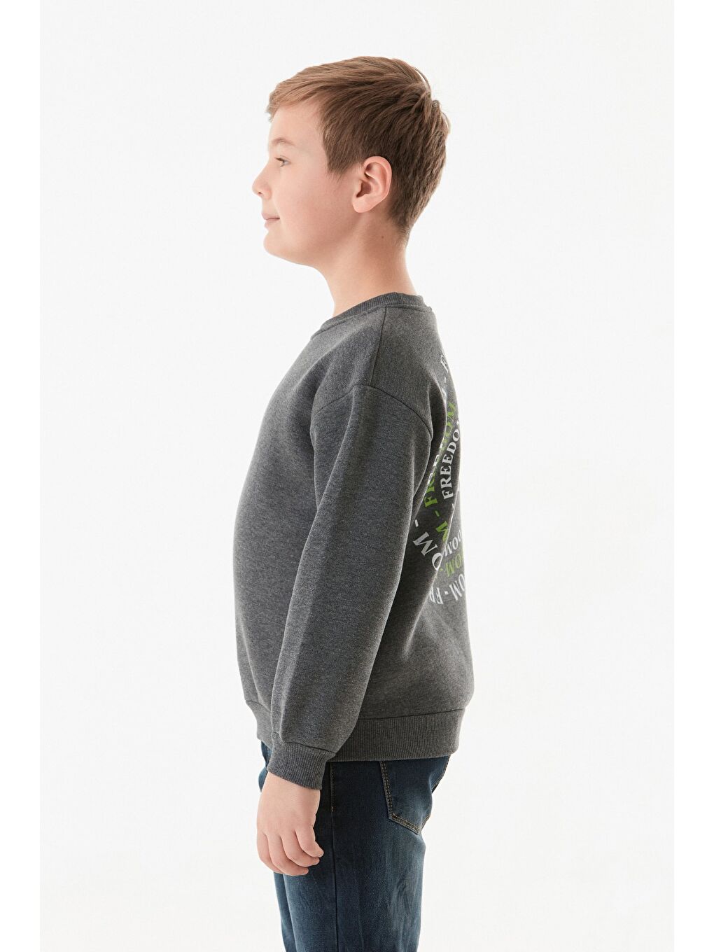 Antrasit 3 İplik Arkası Yazı Baskılı Bisiklet Yaka Erkek Çocuk Sweatshirt-2