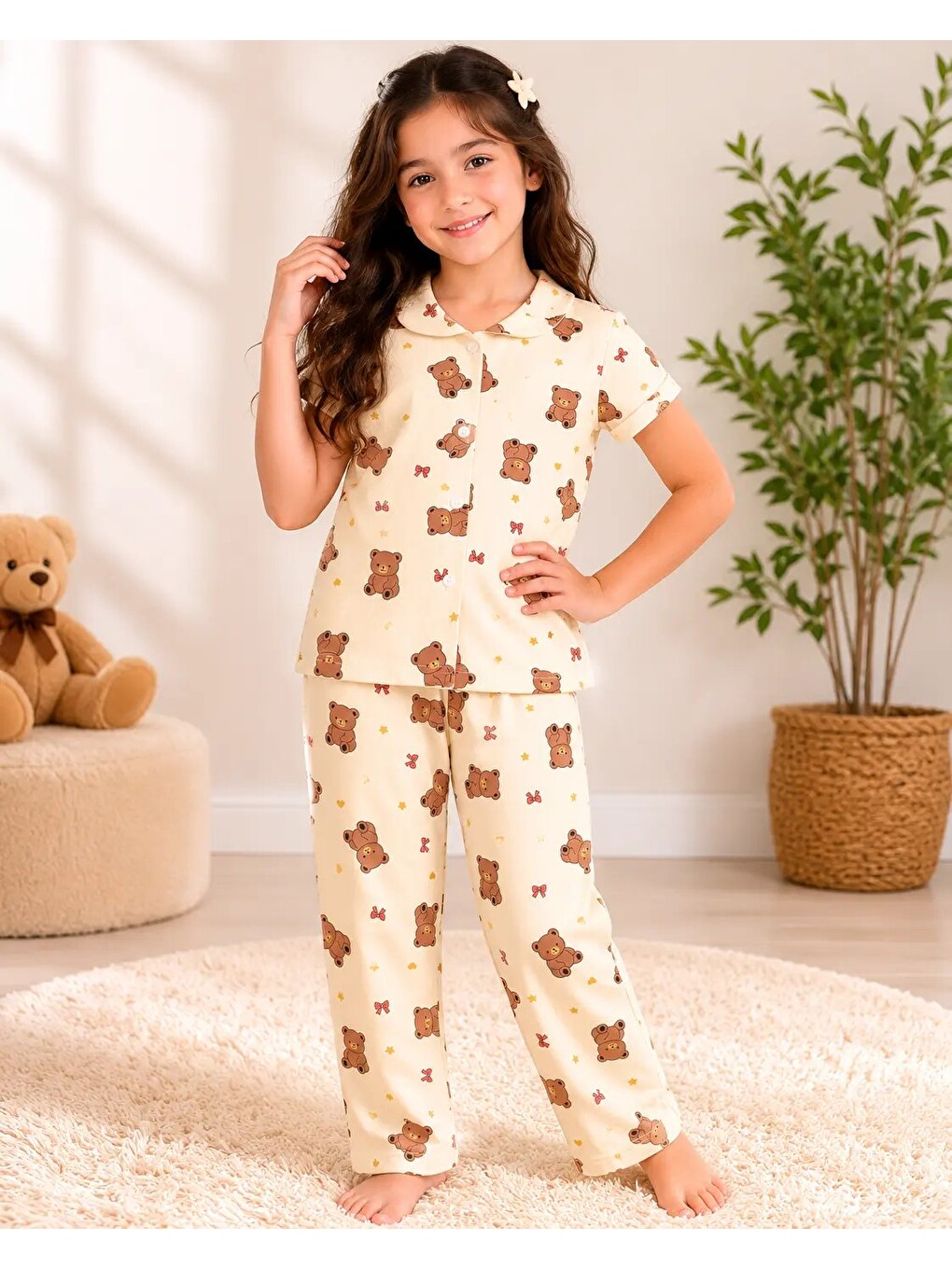 Ekru Desenli Kız Çocuk Pijama Takımı 9927-3