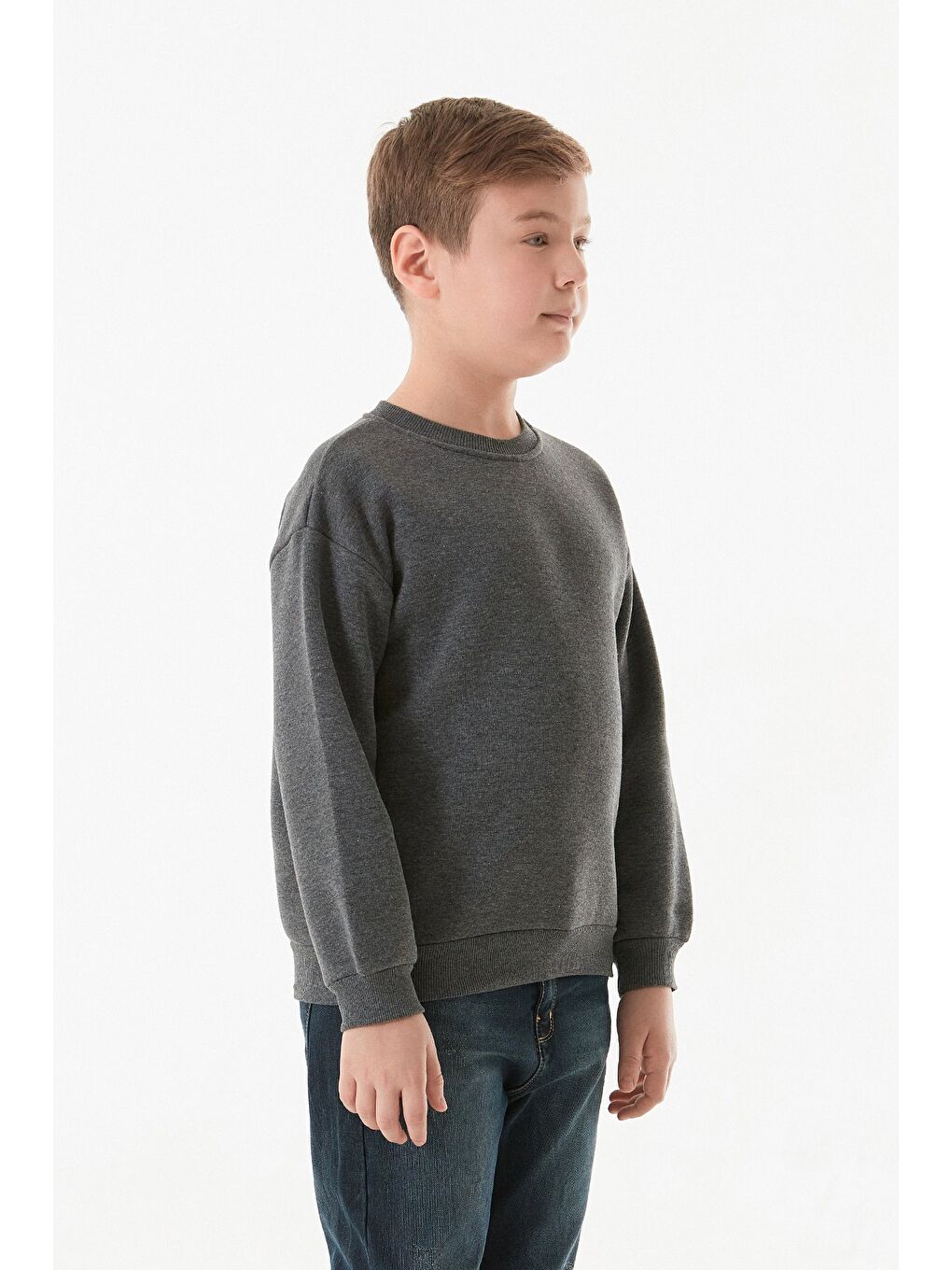 Antrasit 3 İplik Arkası Yazı Baskılı Bisiklet Yaka Erkek Çocuk Sweatshirt-3