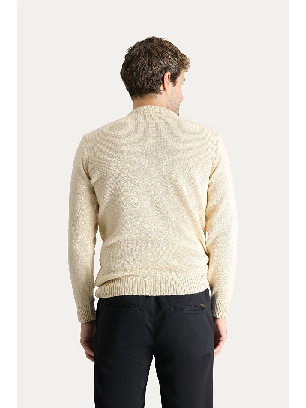 Bej Bisiklet Yaka Slim Fit Dar Kesim Yünlü Desenli Triko Kazak-2