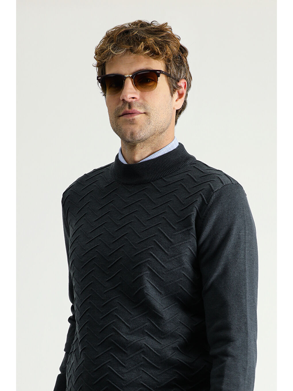 Antrasit Bato Yaka Regular Fit Desenli Pamuklu Triko Kazak