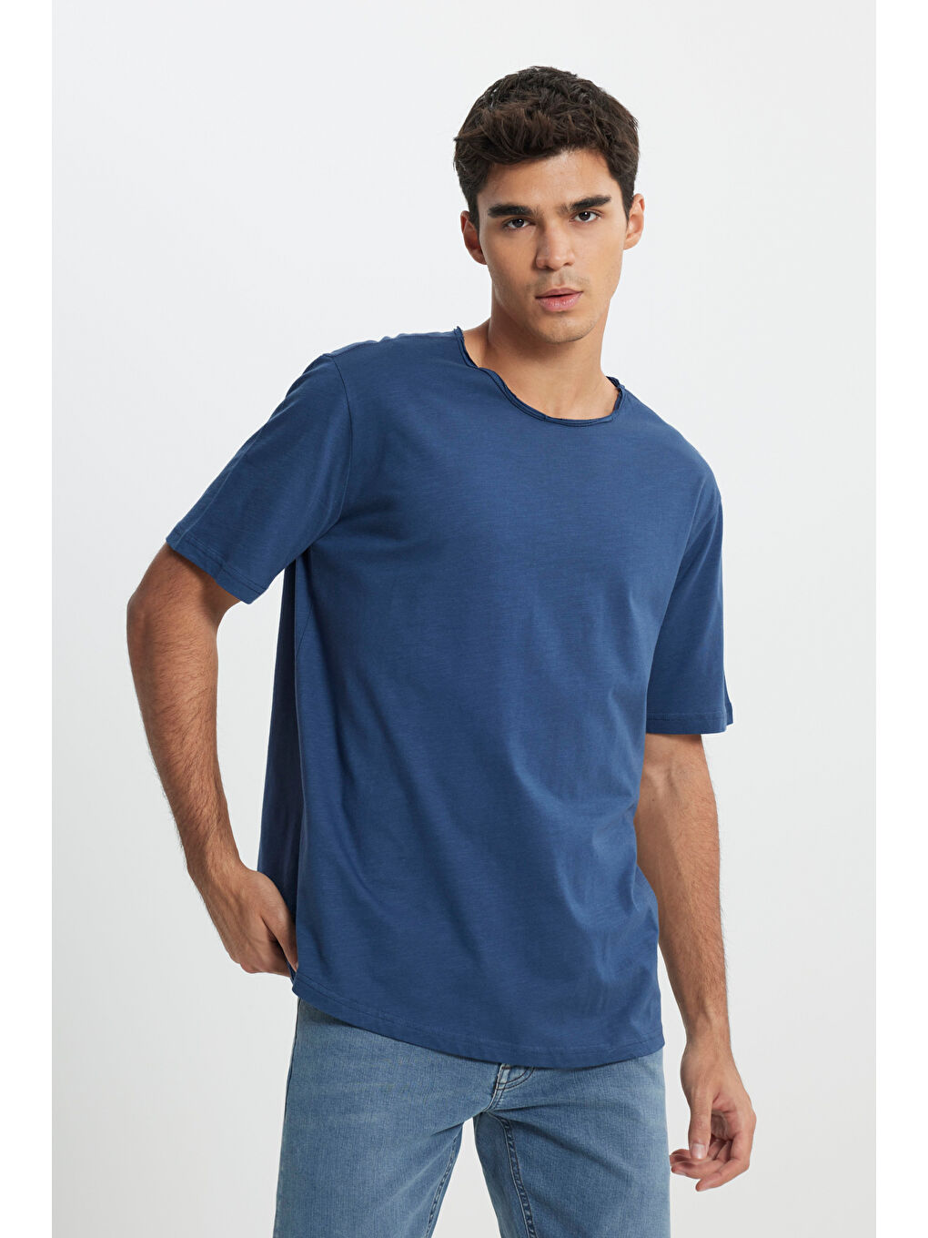 İndigo Regular Fit Bisiklet Yaka %100 Pamuk Lacivert Tişört-1