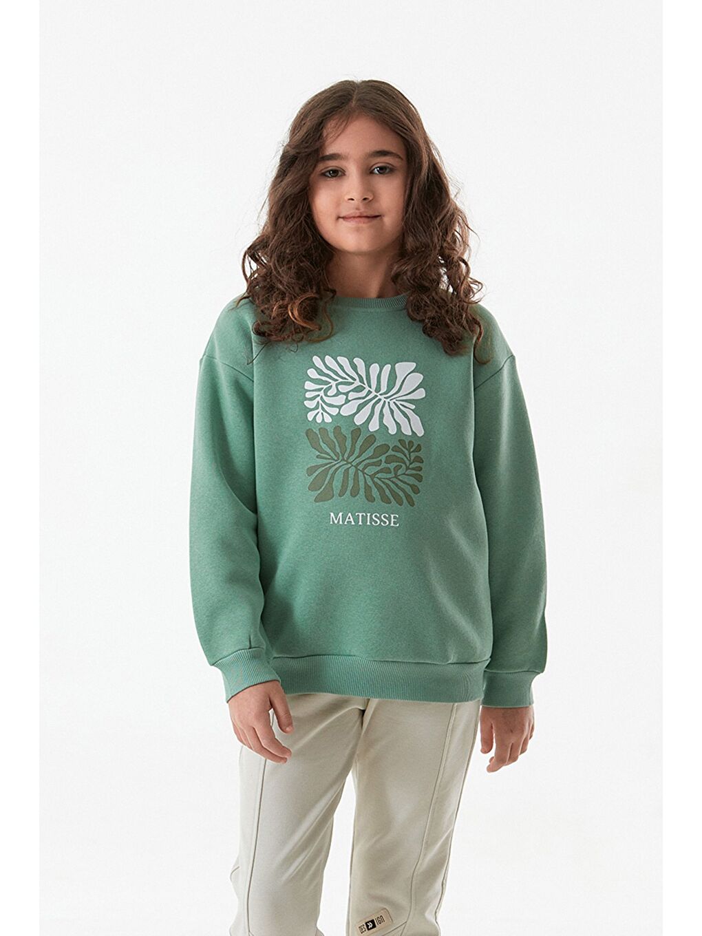 Turkuaz 3 İplik Baskılı Bisiklet Yaka Kız Çocuk Sweatshirt