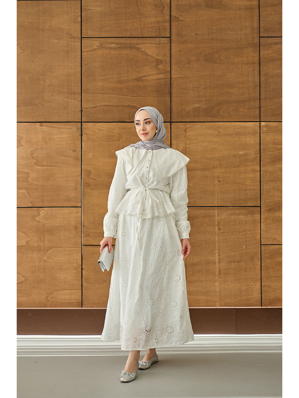 Kadın Bebe Yaka Dantel Detay Takım Beyaz-1