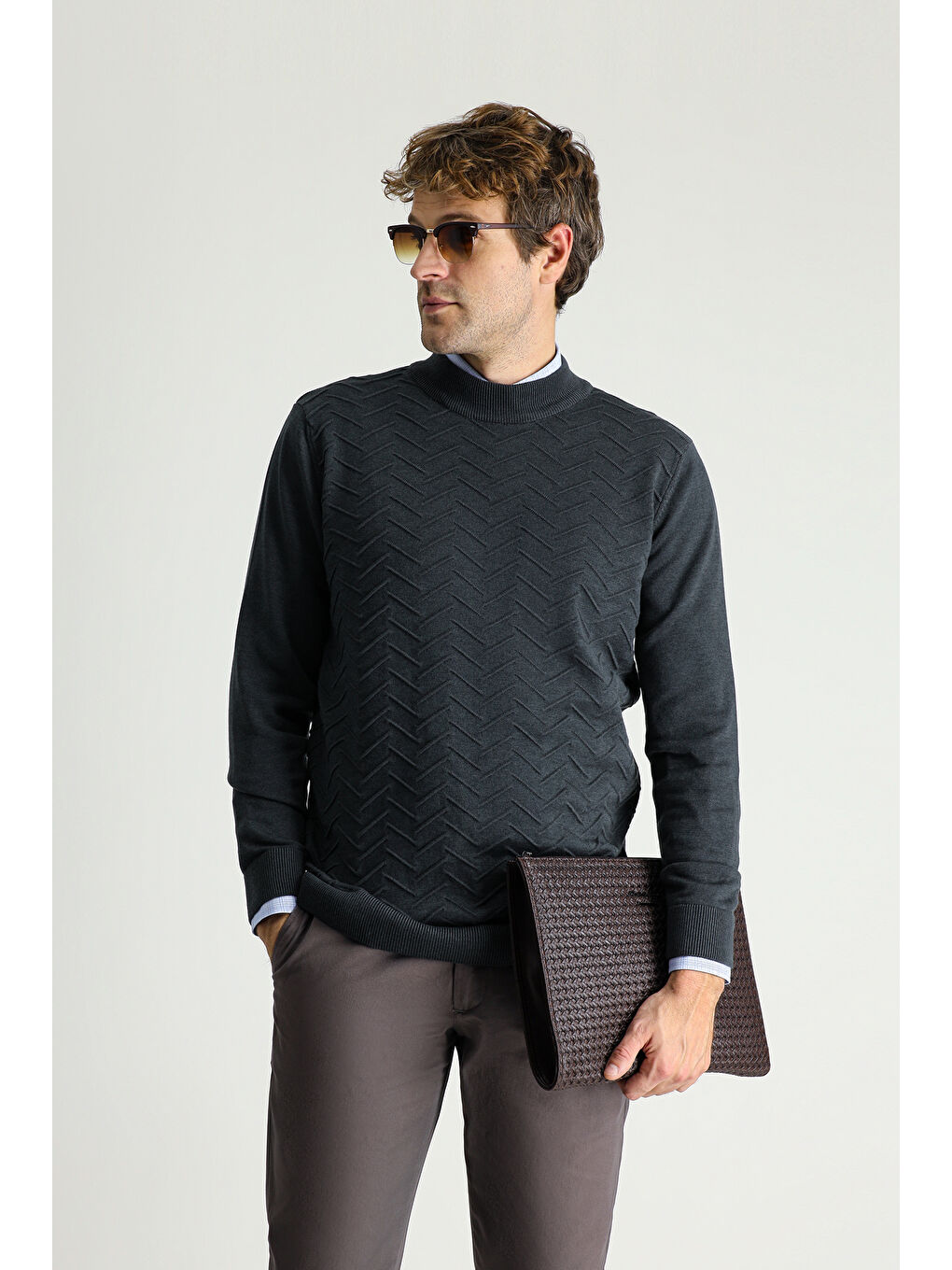 Antrasit Bato Yaka Regular Fit Desenli Pamuklu Triko Kazak-1