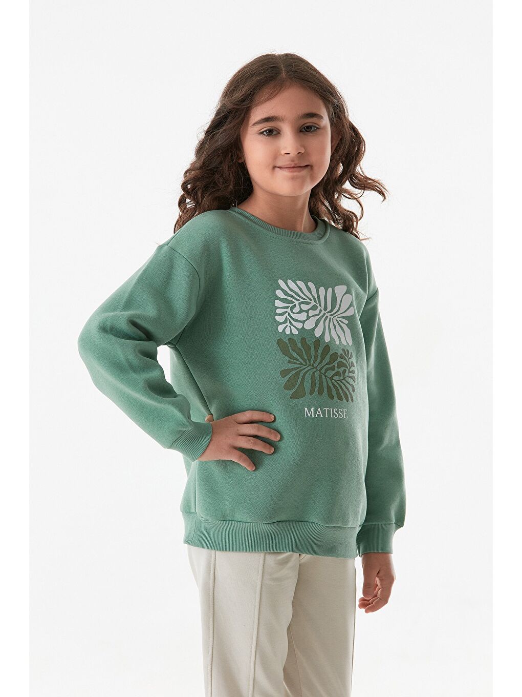 Turkuaz 3 İplik Baskılı Bisiklet Yaka Kız Çocuk Sweatshirt-1