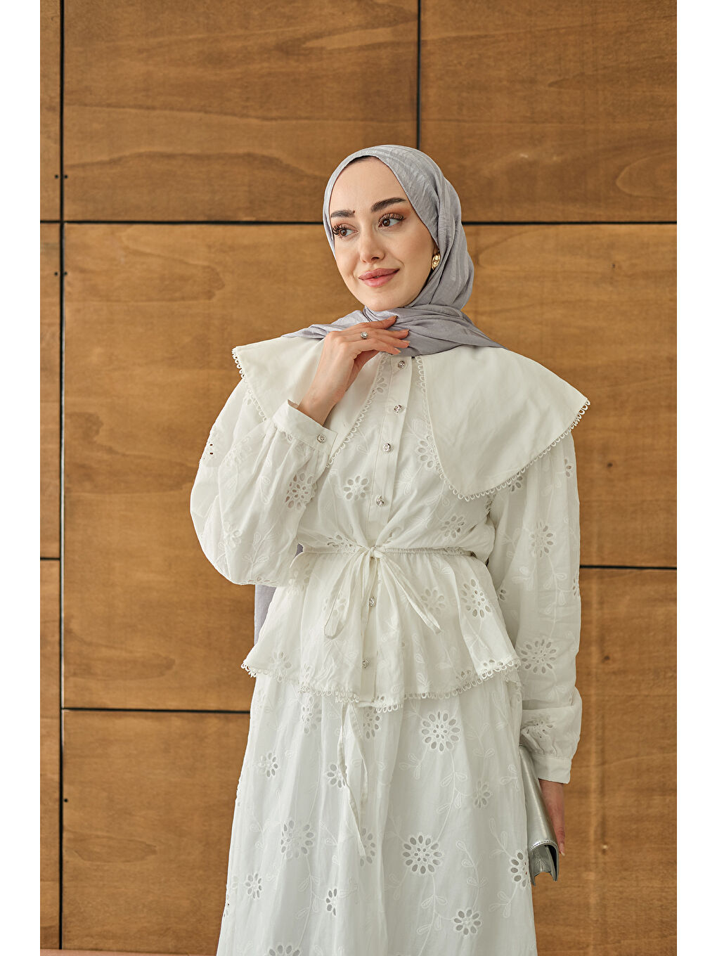 Kadın Bebe Yaka Dantel Detay Takım Beyaz-2