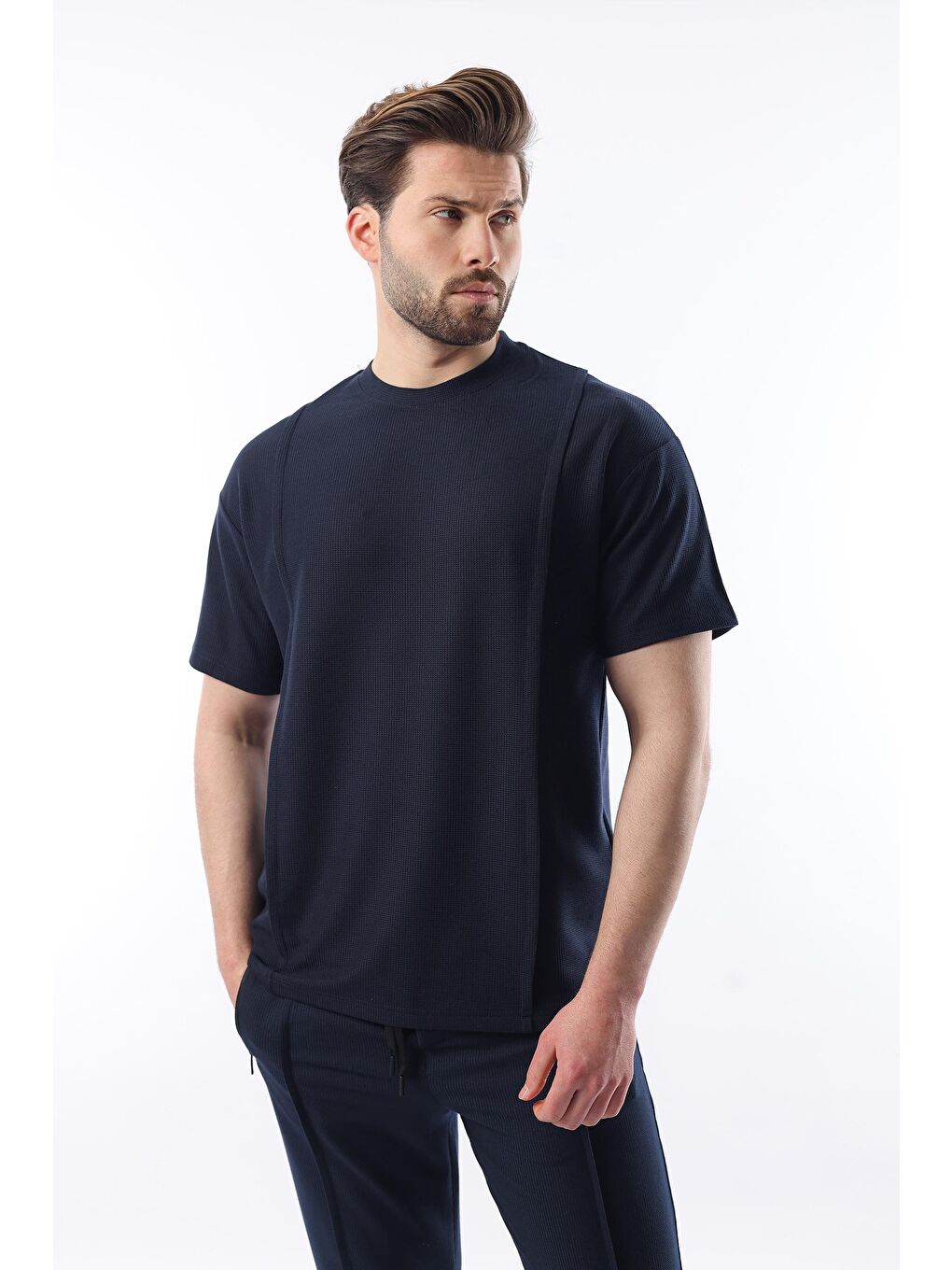 Lacivert Önü Pileli Overfit Erkek Takım E7304-2