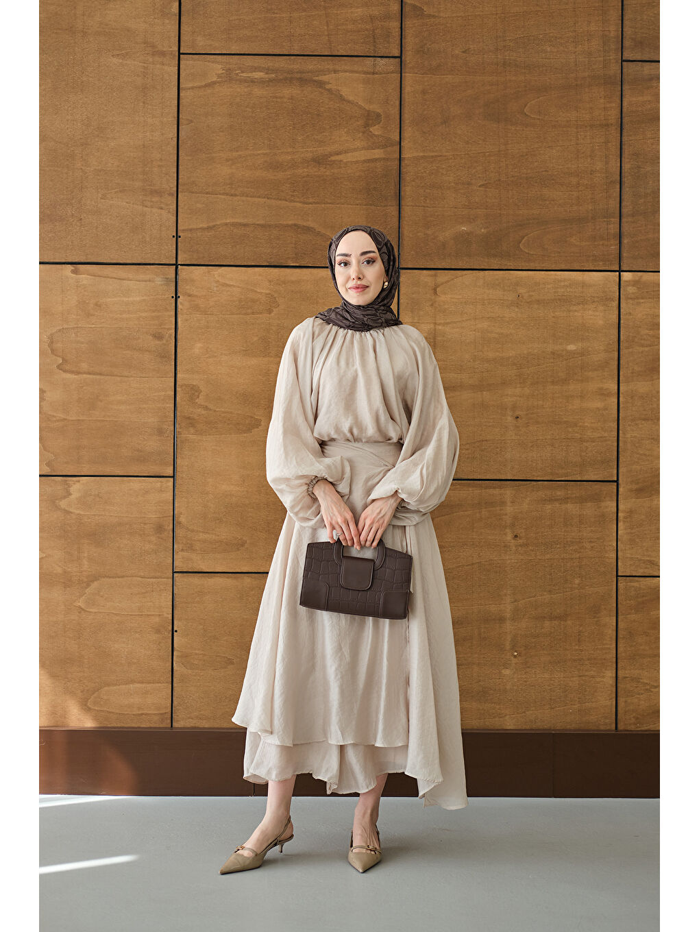 Ekru Kadın Tül Detay Pelerinli Etekli Takım Krem-3