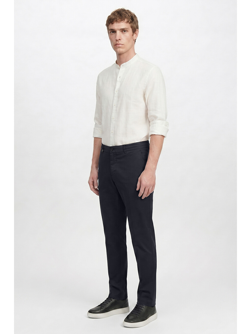 Erkek Lacivert Pamuklu Slim Fit Dar Kesim Diagonal Desenli Yan Cepli Casual Pantolon-2