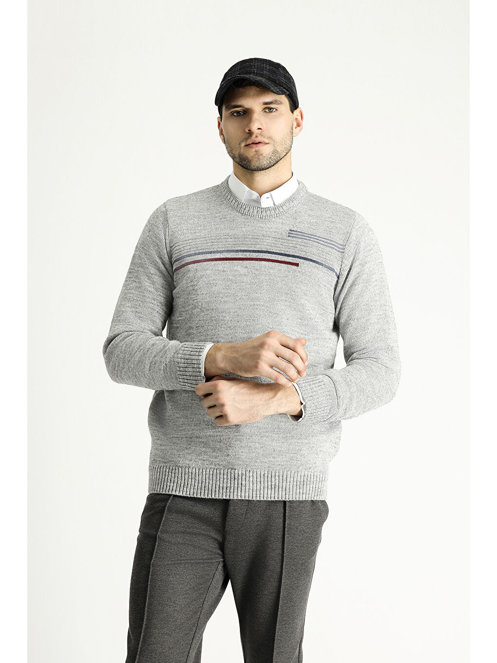 Gri Bisiklet Yaka Regular Fit Desenli Triko Büyük Beden Kazak