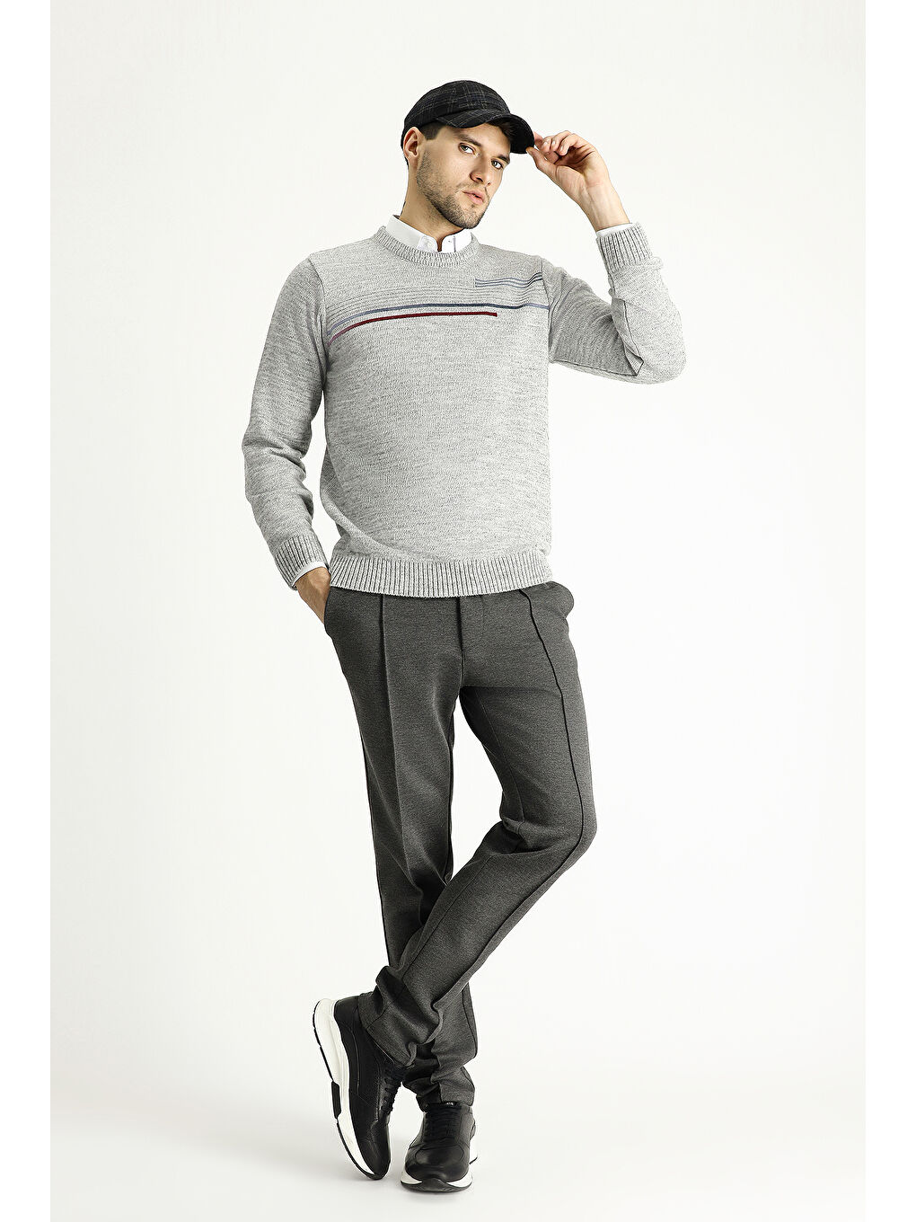 Gri Bisiklet Yaka Regular Fit Desenli Triko Büyük Beden Kazak-1