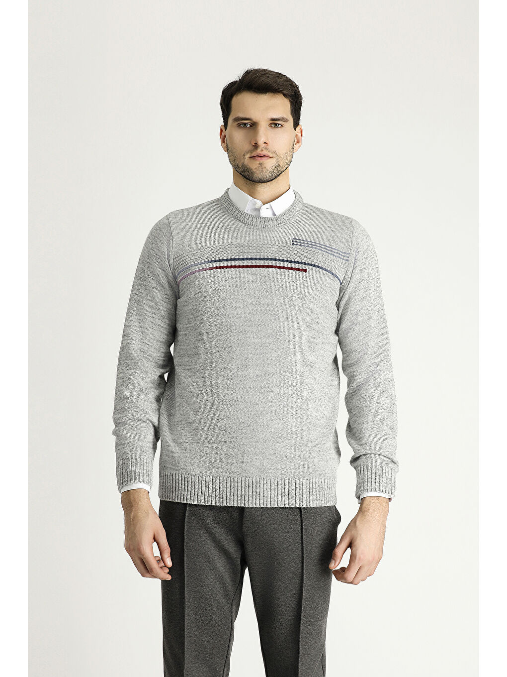 Gri Bisiklet Yaka Regular Fit Desenli Triko Büyük Beden Kazak-2