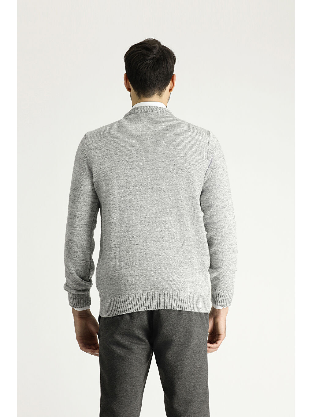 Gri Bisiklet Yaka Regular Fit Desenli Triko Büyük Beden Kazak-3