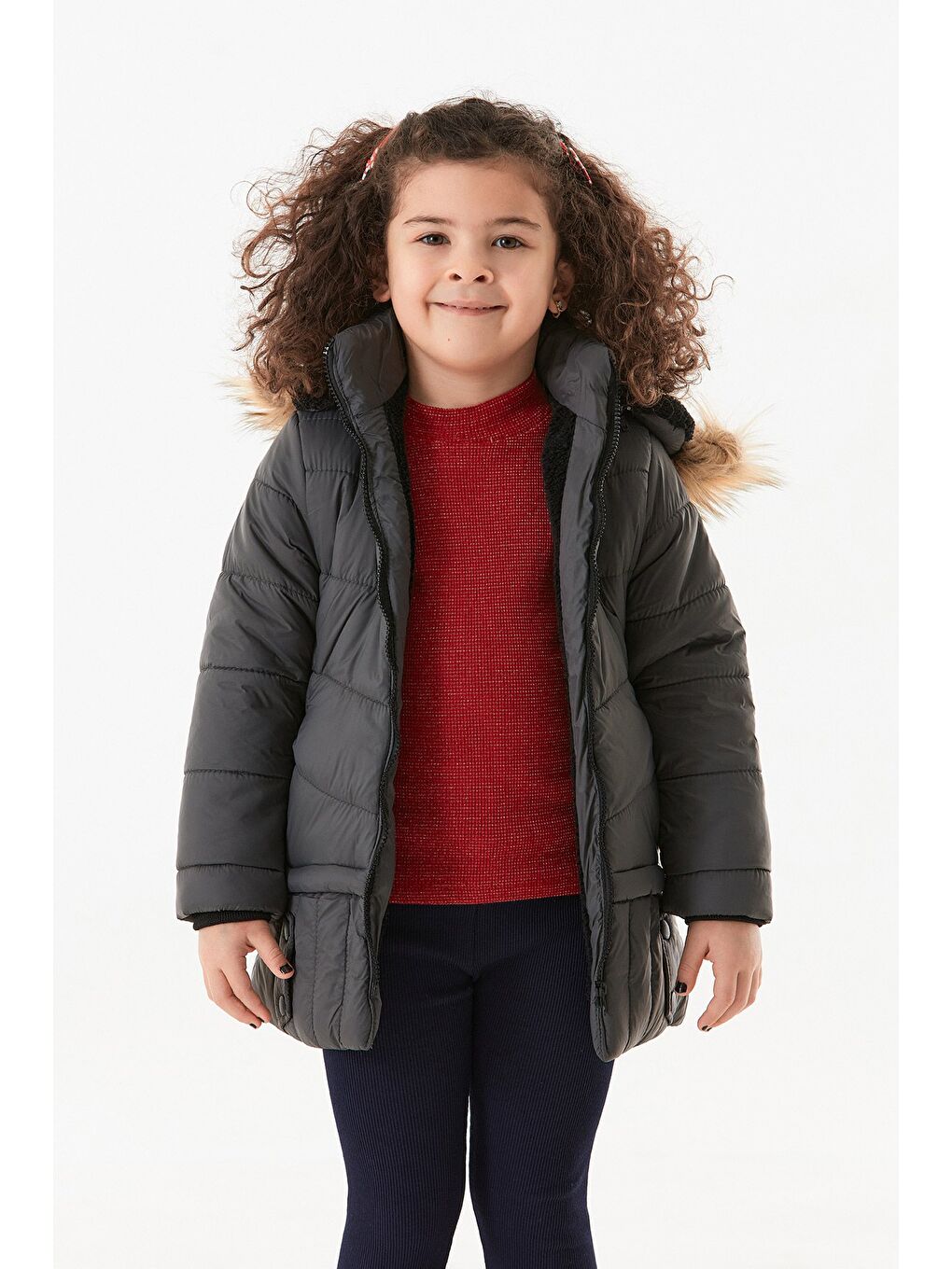 Gri Cebi Fermuarlı Kapüşonlu Kız Çocuk Mont