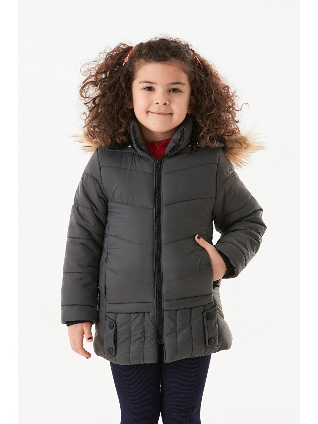 Gri Cebi Fermuarlı Kapüşonlu Kız Çocuk Mont-1