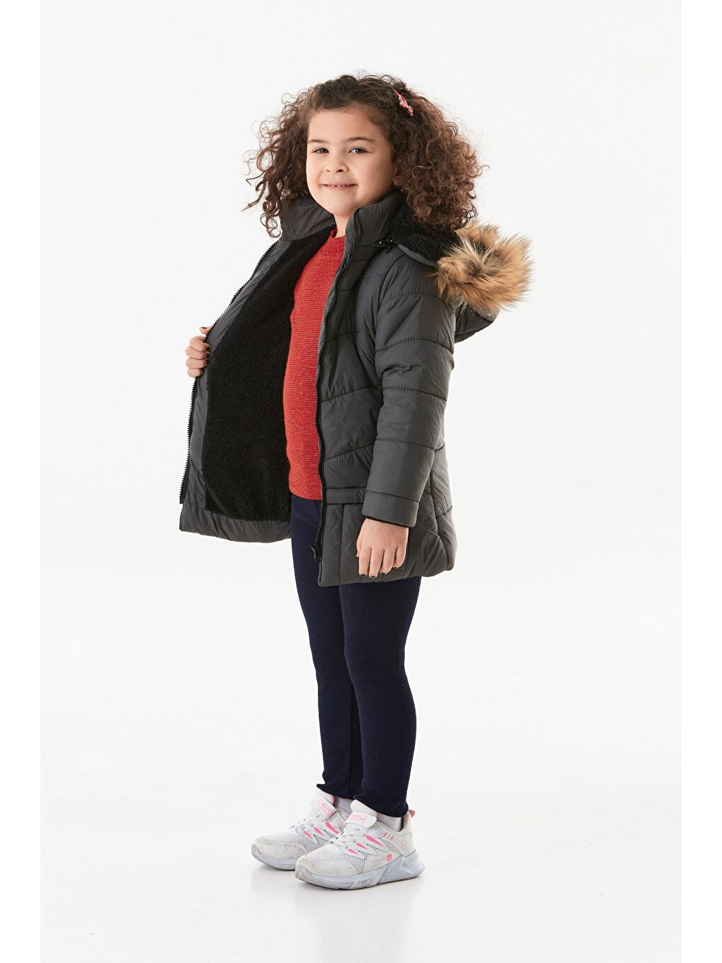 Gri Cebi Fermuarlı Kapüşonlu Kız Çocuk Mont-2